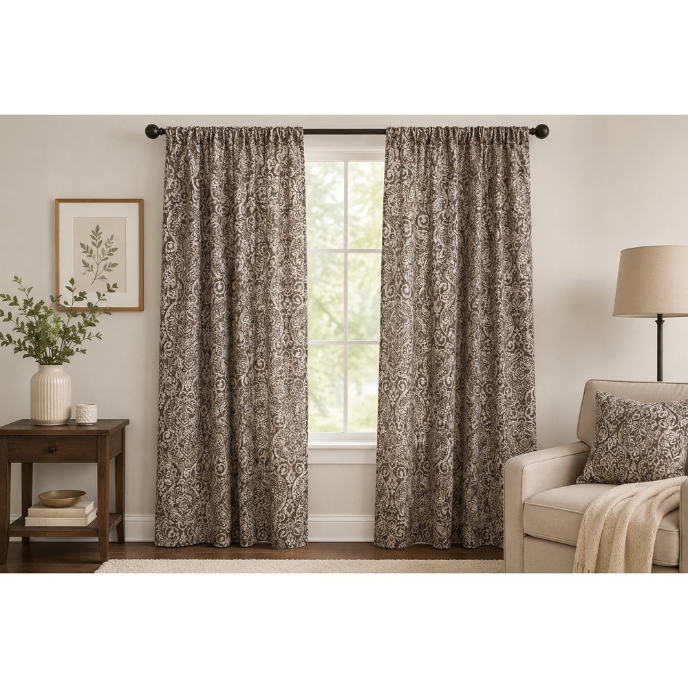 Curtain Panels Set of 2 Brown Taupe Rod Pocket Medallion